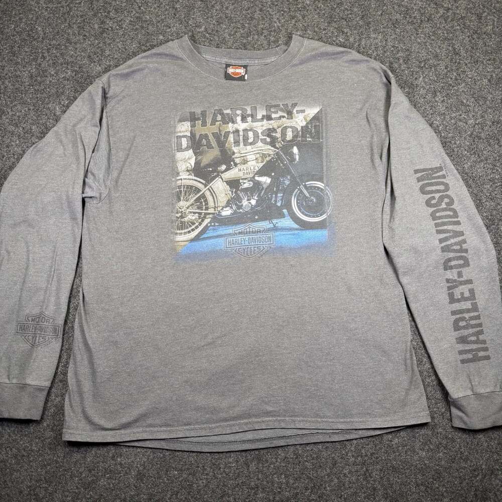 Harley Davidson Gray Long Sleeve Motorcycle Graphic Crew Neck Shirt